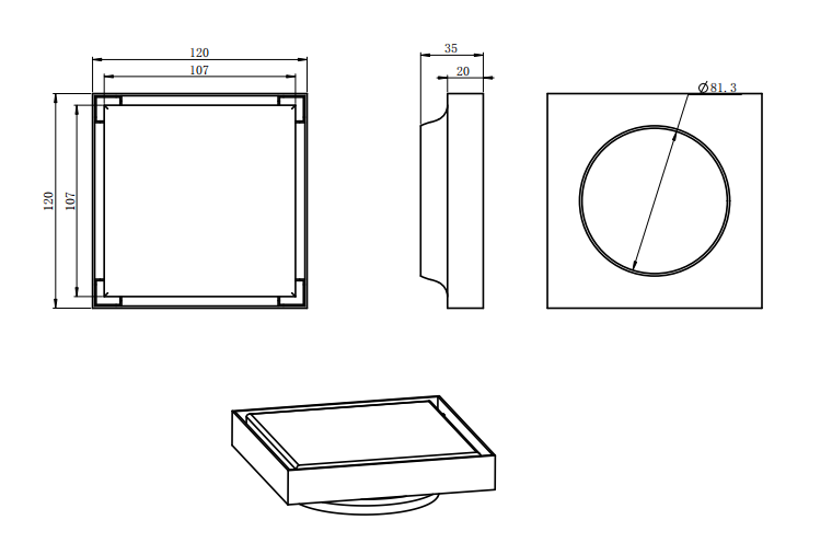 Shower Grate Floor Waste Drain Smart Insert Tile 120*120mm - Brushed Gun Metal Technical Drawing