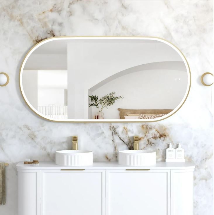 NOOSA Front-Lit LED Oval Metal Frame Mirror 1500x750mm Brushed Gold