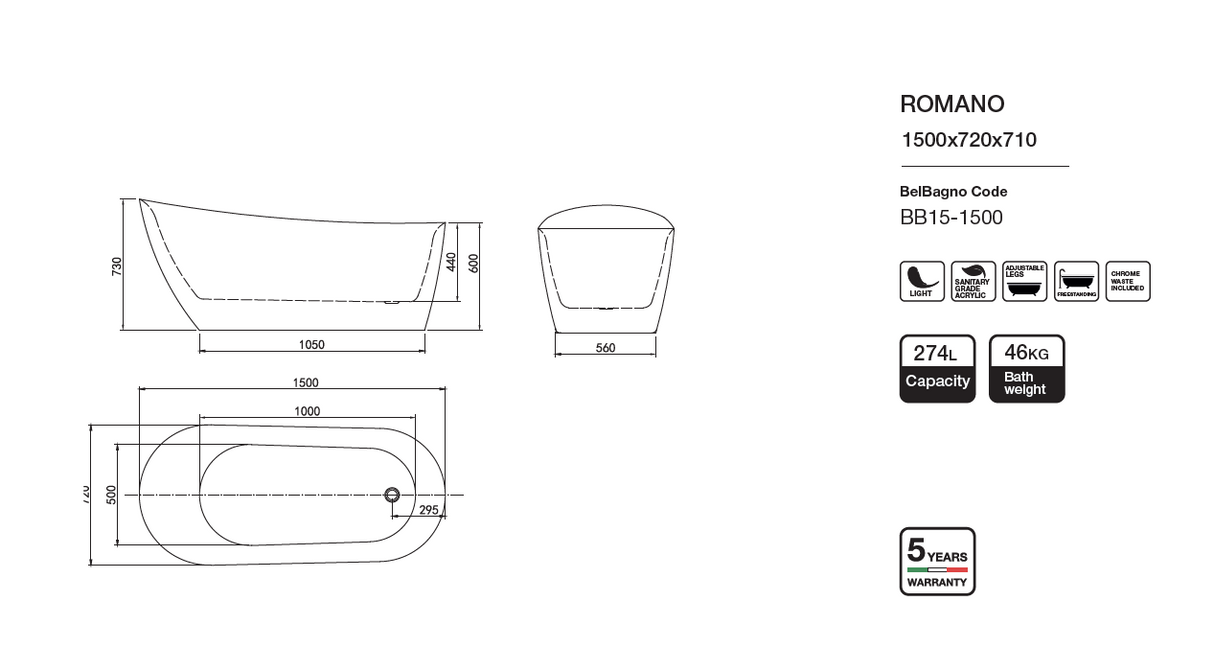 ROMANO Freestanding Bathtub Overflow 1700mm/1500mm