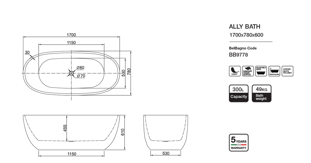 ALLY Freestanding Bathtub 1500mm/1700mm