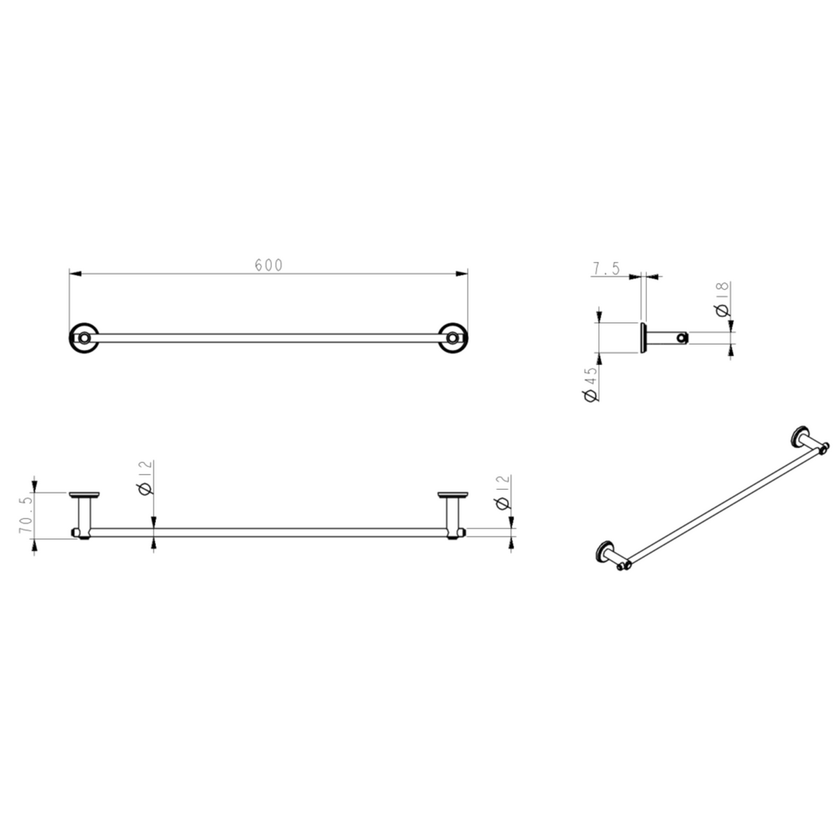 Mica Heritage Single Towel Rail - 600mm