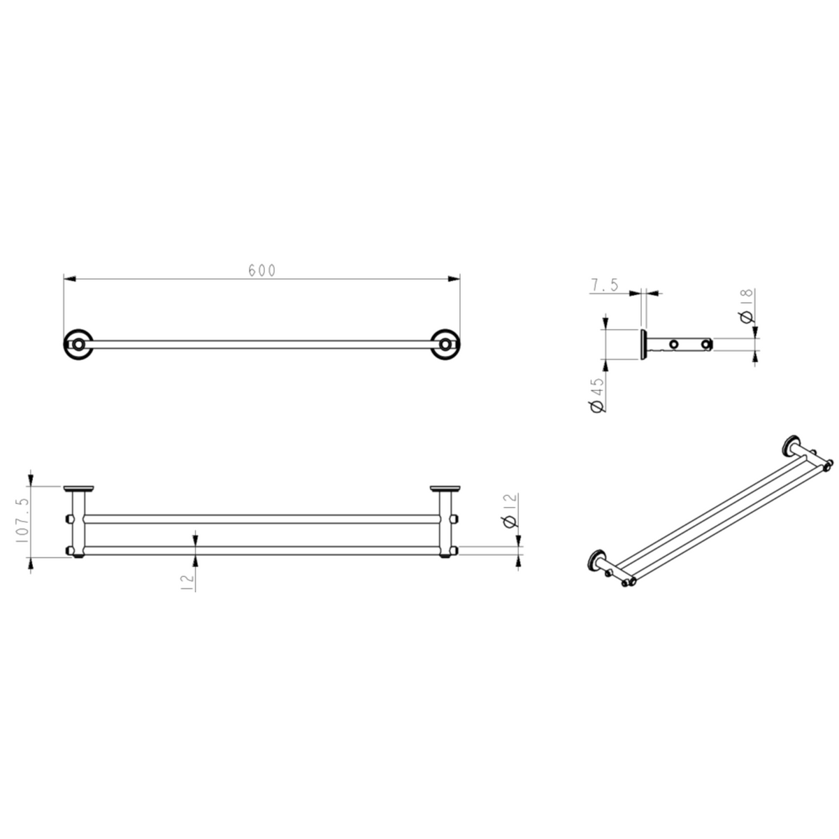 Mica Heritage Double Towel Rail - 600mm