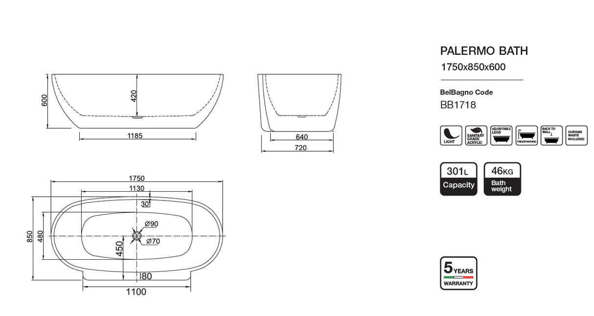 PALERMO Freestanding Bathtub Overflow 1650mm/1750mm