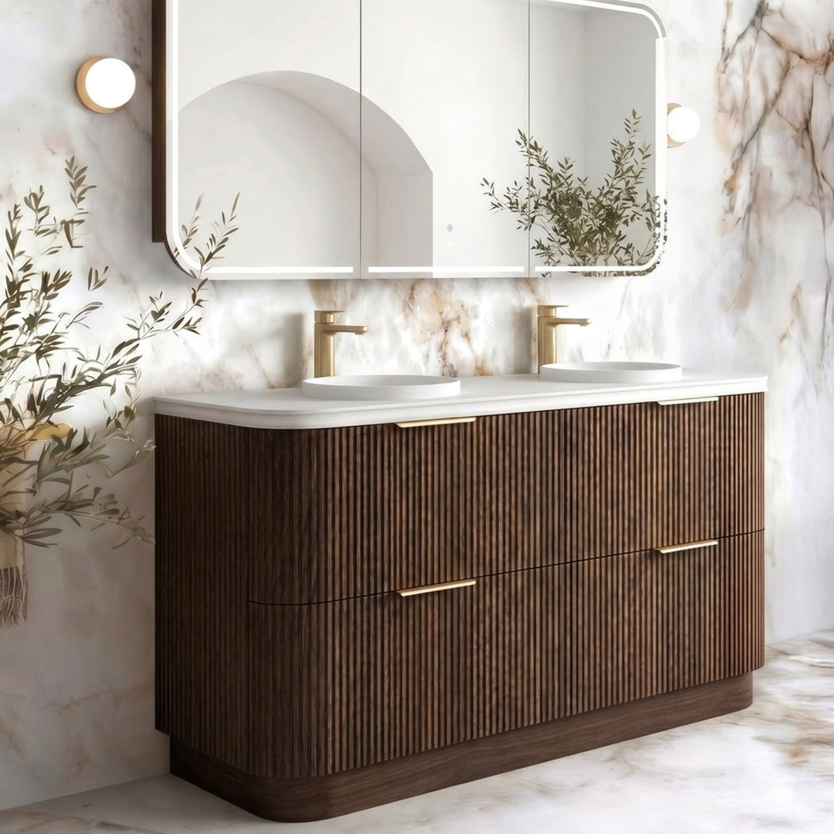 1800-HAVANA Fluted Curved Floor Standing Vanity Sable Walnu