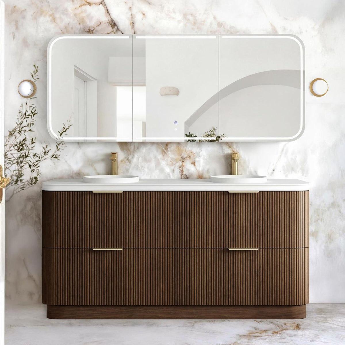 1800-HAVANA Fluted Curved Floor Standing Vanity Sable Walnu