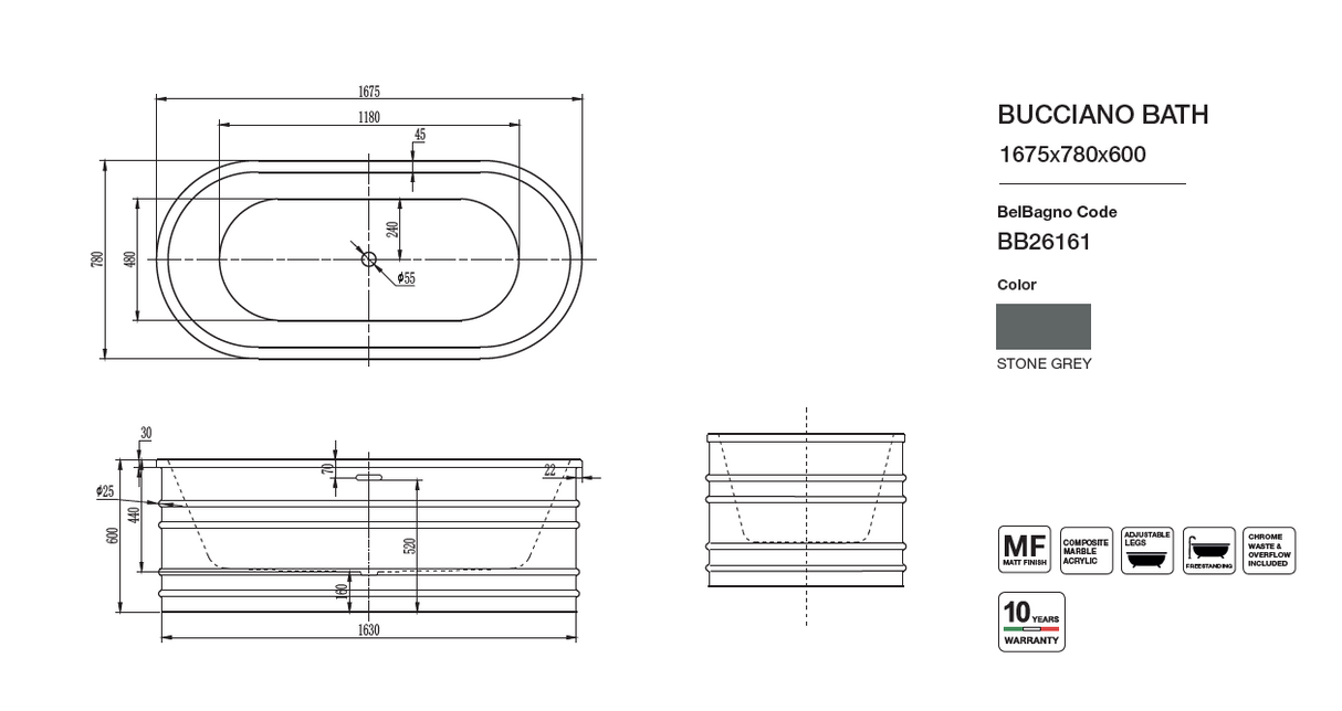 BUCCIANO Freestanding Bathtub Overflow 1675mm