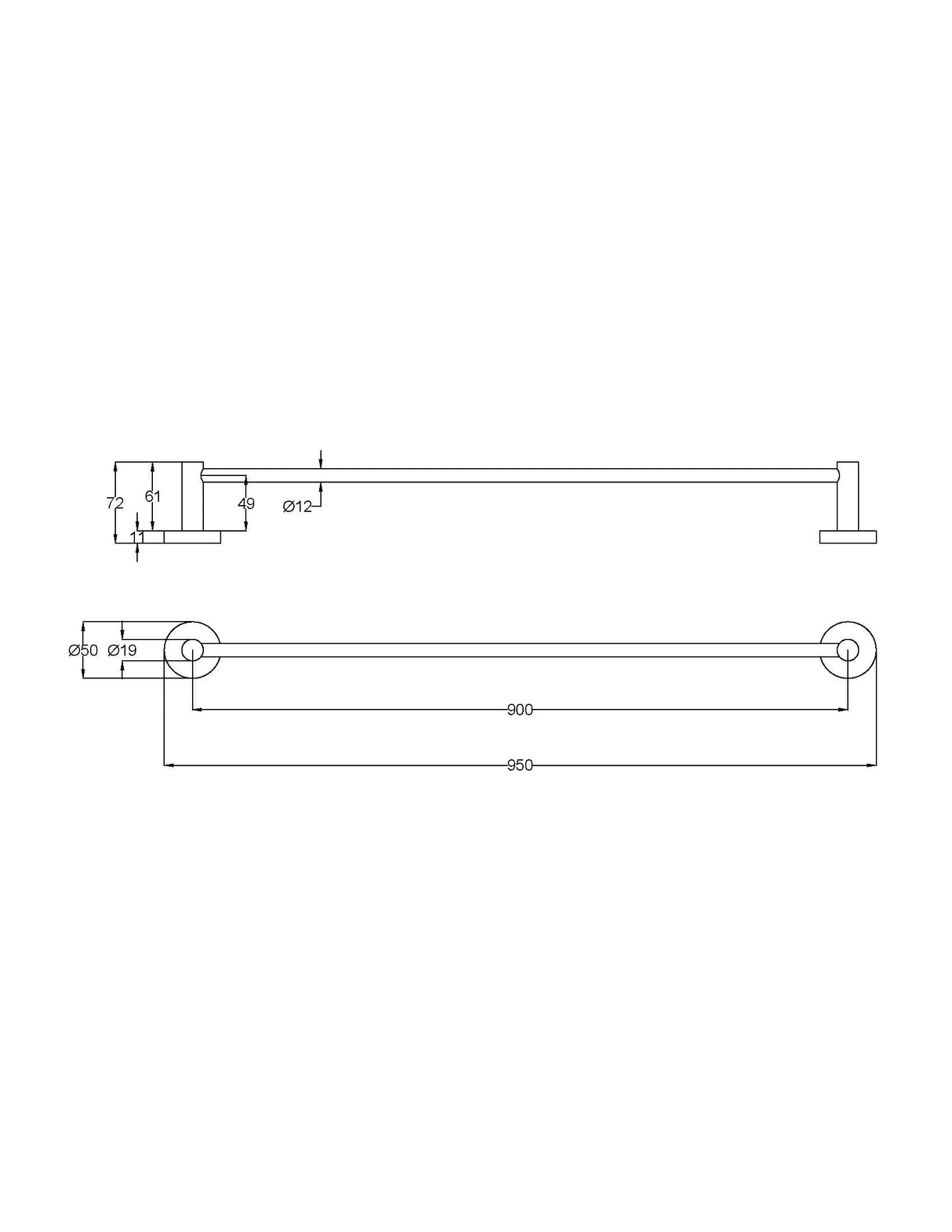 Otus Slimline SS304 Towel Rail Single 900mm - Technical Drawing