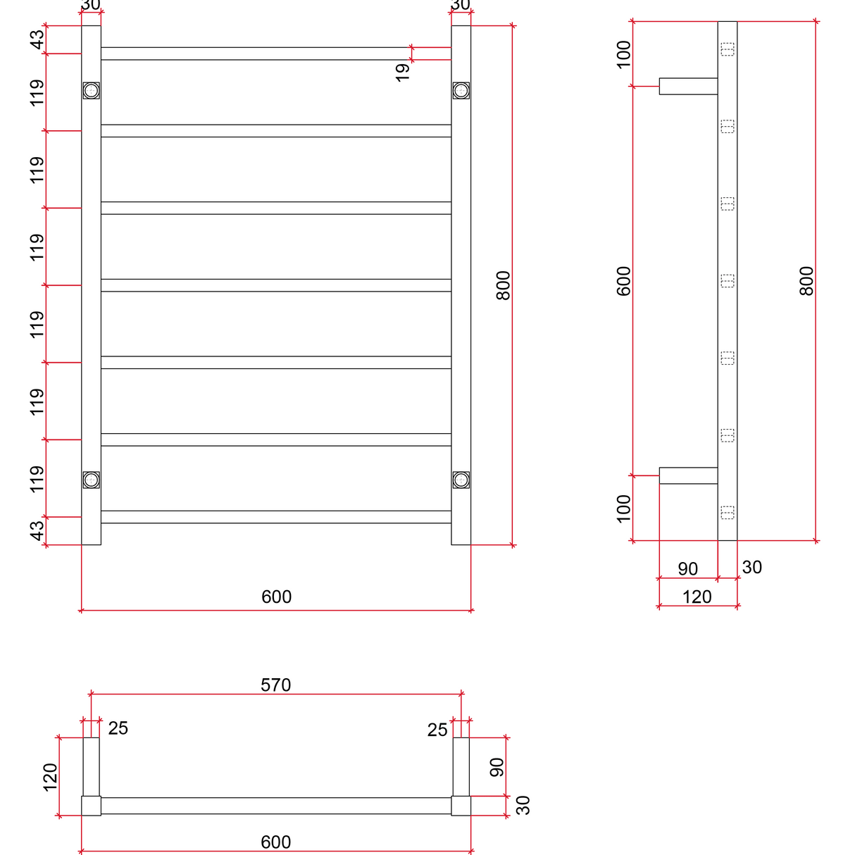 Thermorail Straight/Square 12Volt 600x800x120mm 90Watt 7 Bars