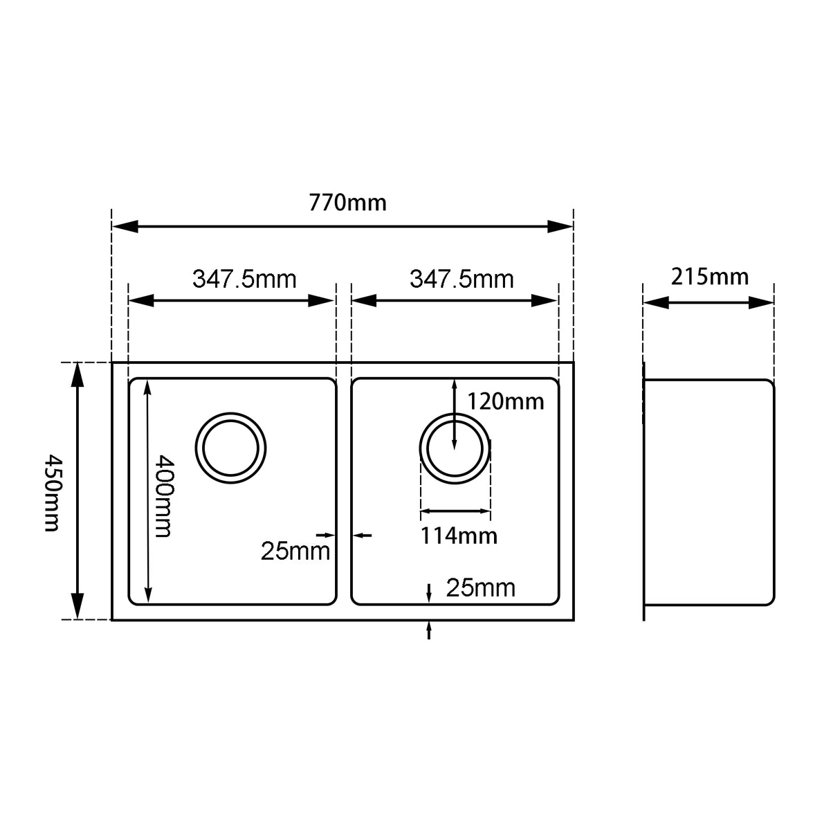 Double Bowl Gunmetal Stainless Steel Sink 770x450x215mm