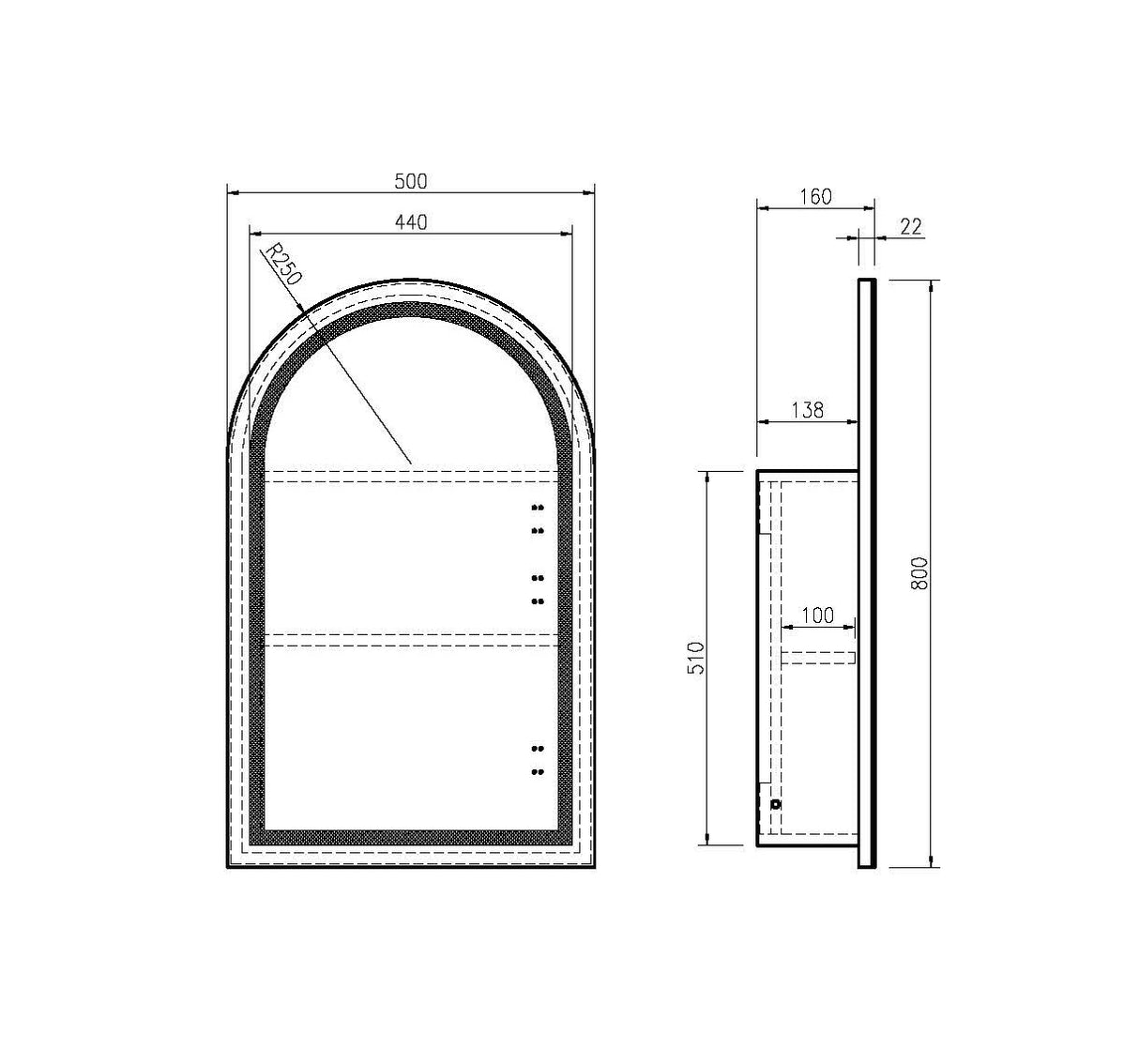 Athena Front-Lit LED Arch PVC Shaving Cabinet 500 x 800mm – Single Door