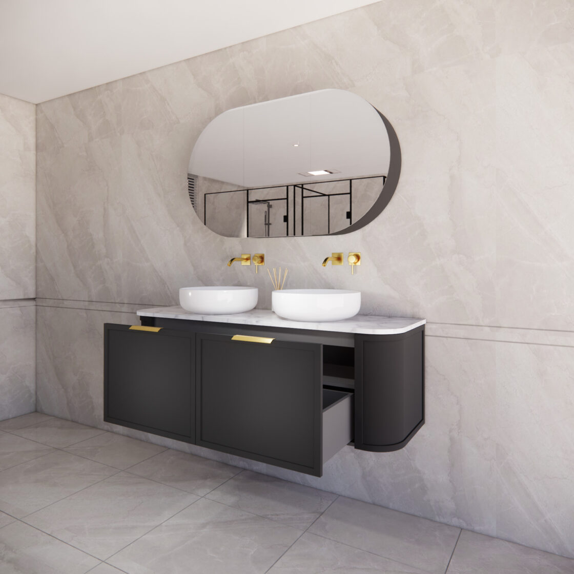 ABS HOUSTON Curved Double Bowl Wall Hung Vanity 1500mm (Matte Black)