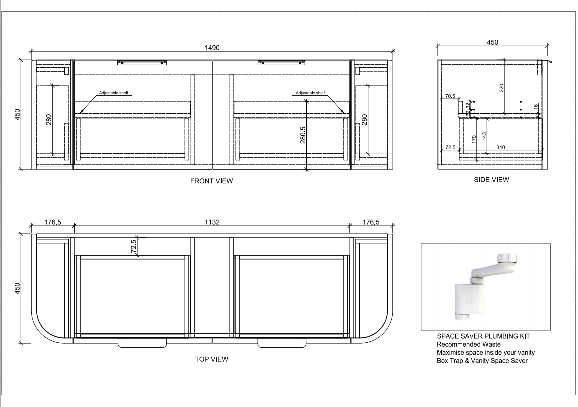 ABS HOUSTON Curved Wall Hung Vanity 1500mm Drawing