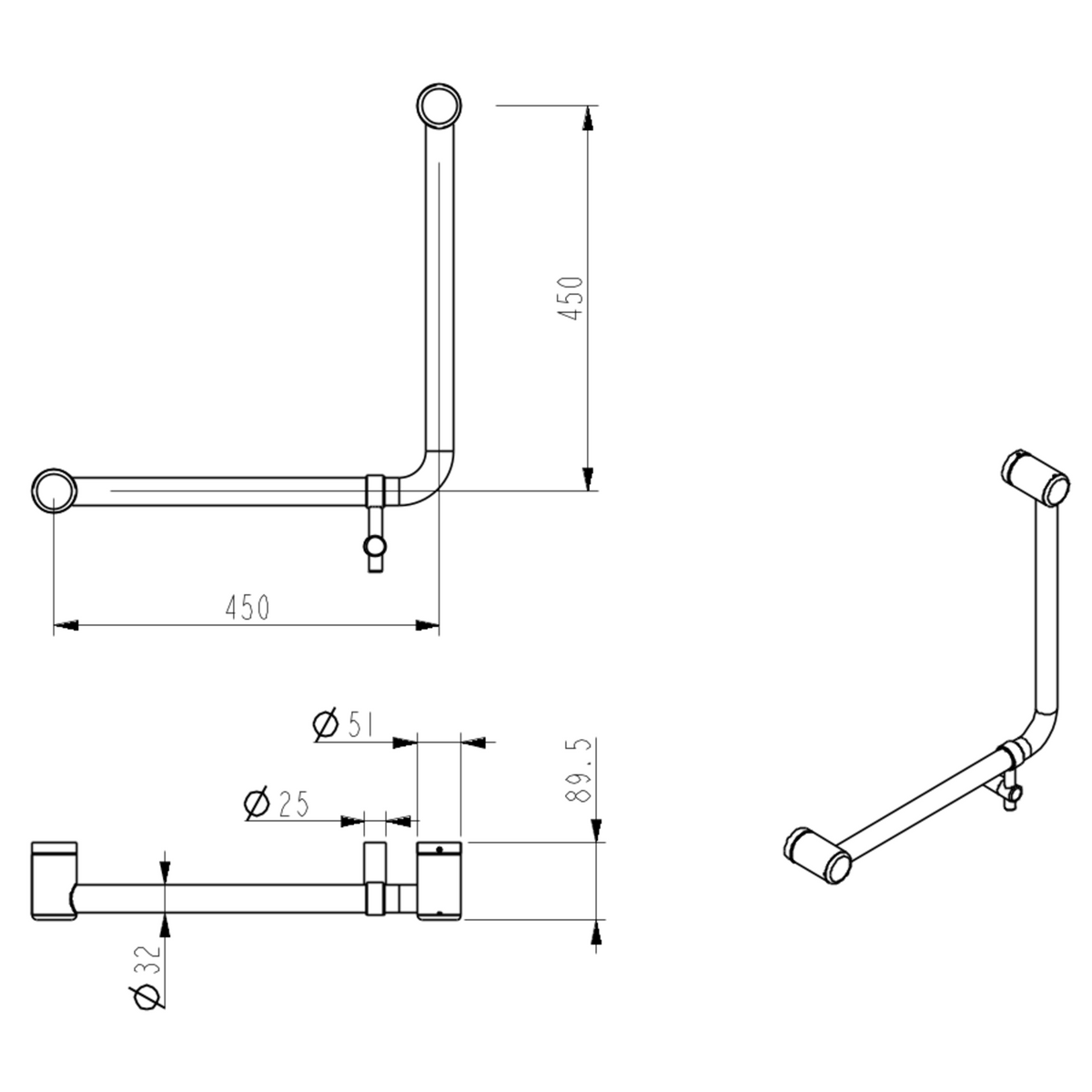 Mica Care Curved - 90 Degree – 450x450mm - Grab Rail