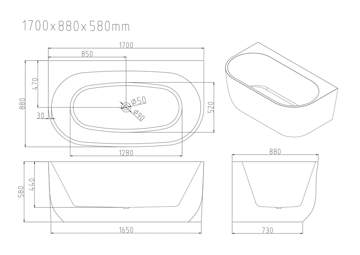 ANNA Back-to-Wall Bathtub (Gloss White) 1500/1700mm - Overflow