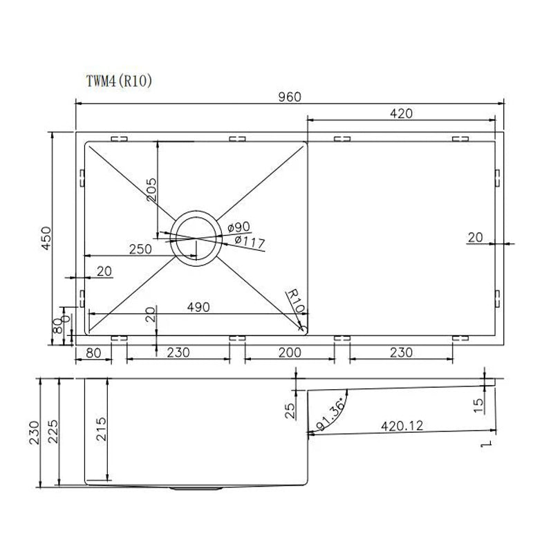 AQU Copper Kitchen Sink with Drain Board (960x450x230)