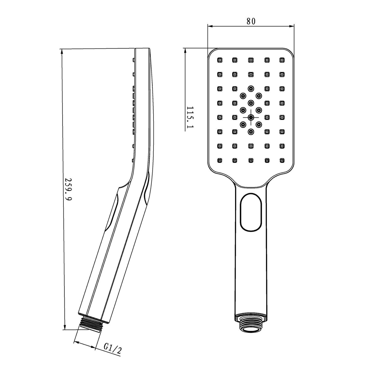AQU Square 3 Functions Rainfall Handheld Shower Head - Brushed Gun Metal Technical Drawing