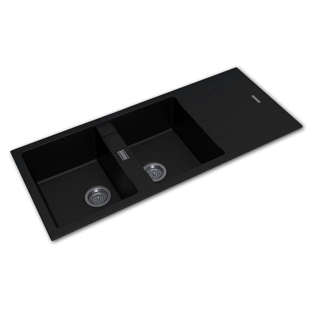 ARETE Black Granite Stone Double Kitchen Sink with Drainboard 1160x500x200mm