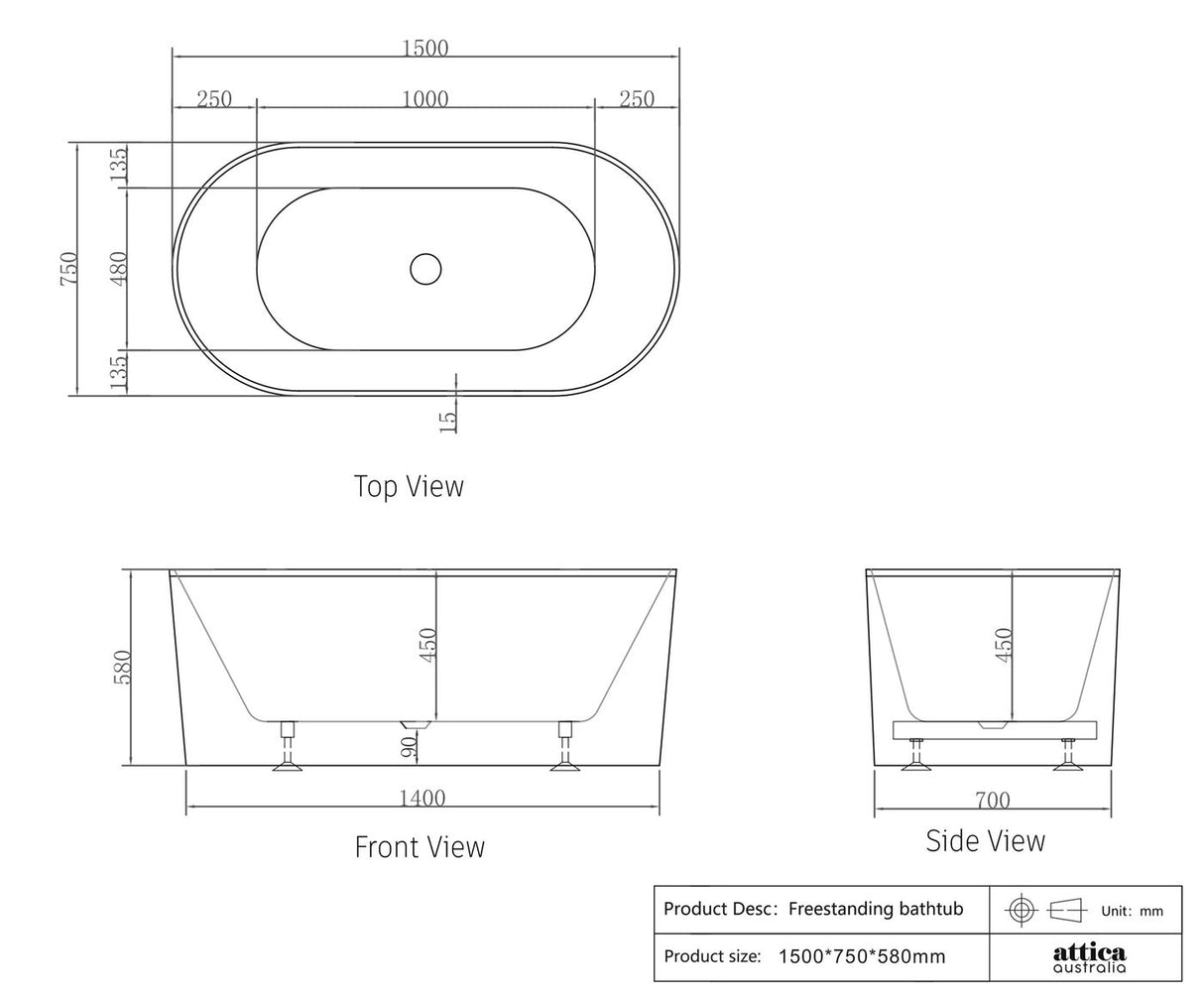 ATTICA NOOSA Freestanding Bathtub With Overflow 1500mm (Gloss White)