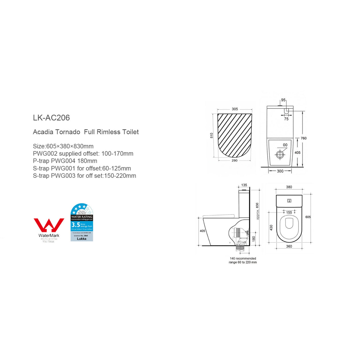 Acadia Tornado Rimless Toilet Suite