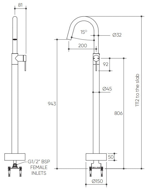 Argia Floor Mounted Bath Mixer Lead Free drawing