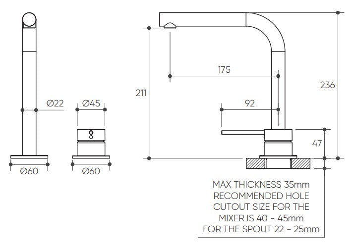 Argia Hob Basin Mixer Set 175 Right Angle Spout Lead Free drawing