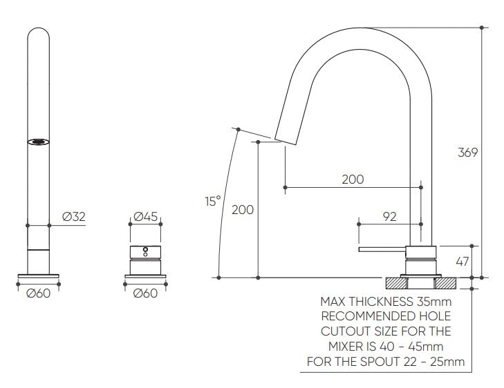 Argia Hob Sink Mixer Set 200 Curved Spout Lead Free drawing