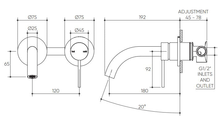 Argia Wall Basin/Bath Mixer Set 180 Curved Spout Lead Free drawing