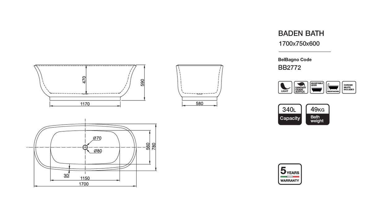 BADEN Freestanding Bathtub Overflow 1700mm/1500mm