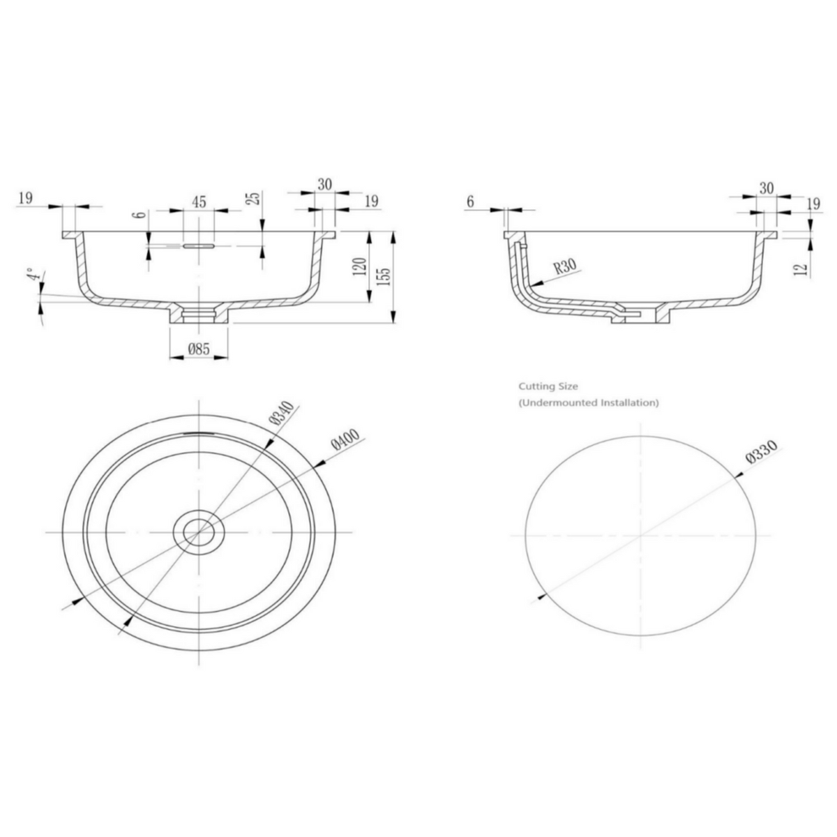 Kalos undermount sink 400 x 400 x 155mm
