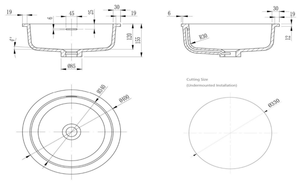 Kalos undermount sink 400 x 400 x 155mm