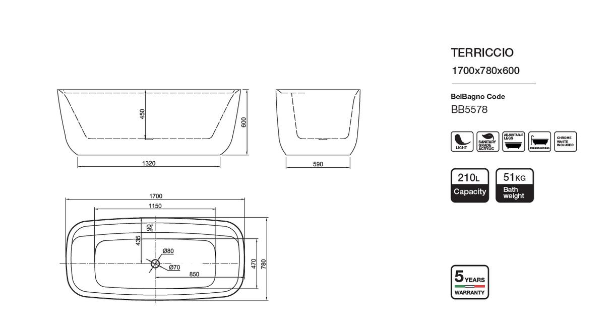 TERRICCIO Freestanding Bathtub Overflow 1700MM/1500MM