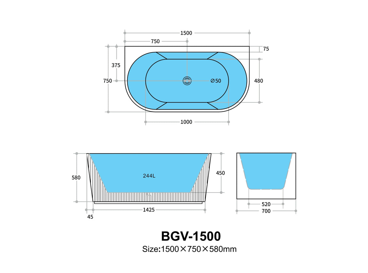 Bari Back to Wall Oval Bathtub with Non-Overflow (Matte Black) (1500/1700mm)