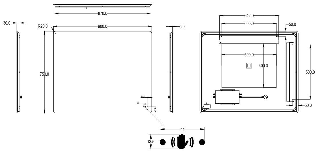 POS LED Rectangular Backlit Frameless Mirror 750/900