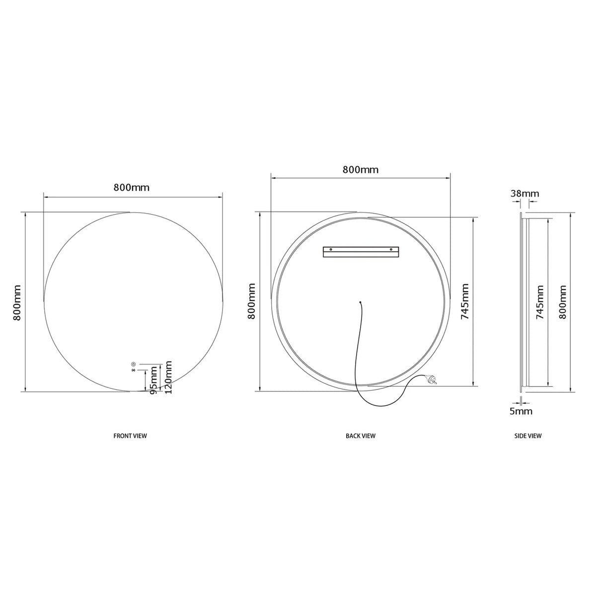 BONDI Backlit LED Round Frameless Mirror 800x800mm-drawing