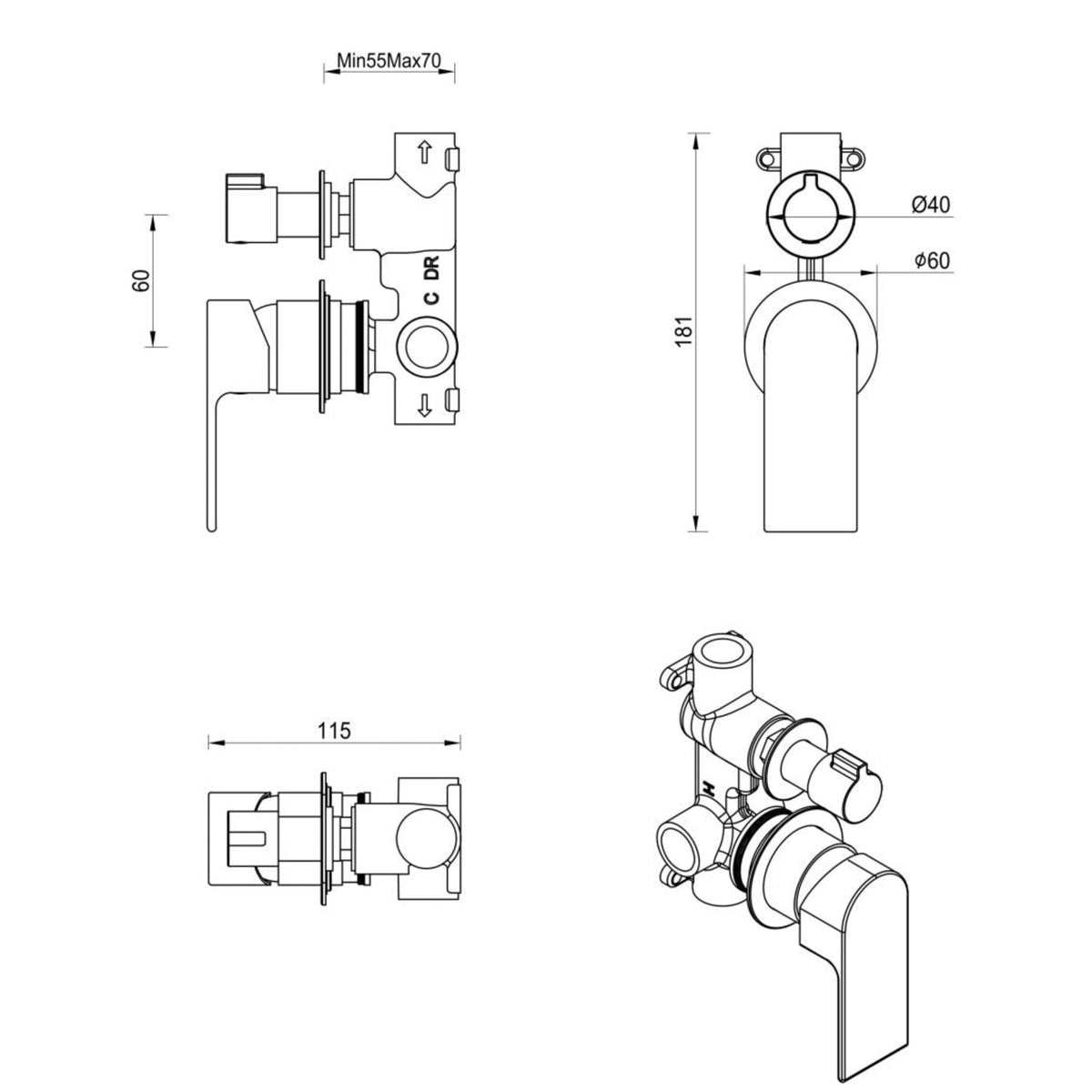 Eleniko Shower Mixer Diverter – 2P – TRIM KIT ONLY