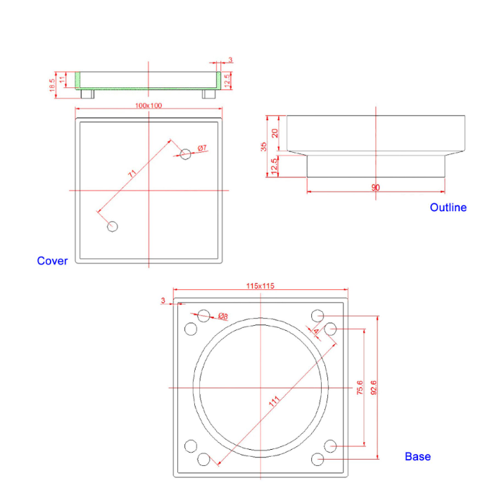 Brass Smart Tile Insert Floor Waste Shower Grate Drain 115x115mm - Black Technical Drawing
