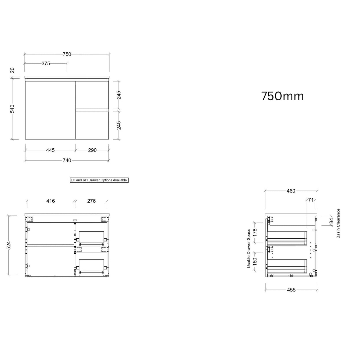 Timberline Carlo Wall Hung Vanity (All Sizes)