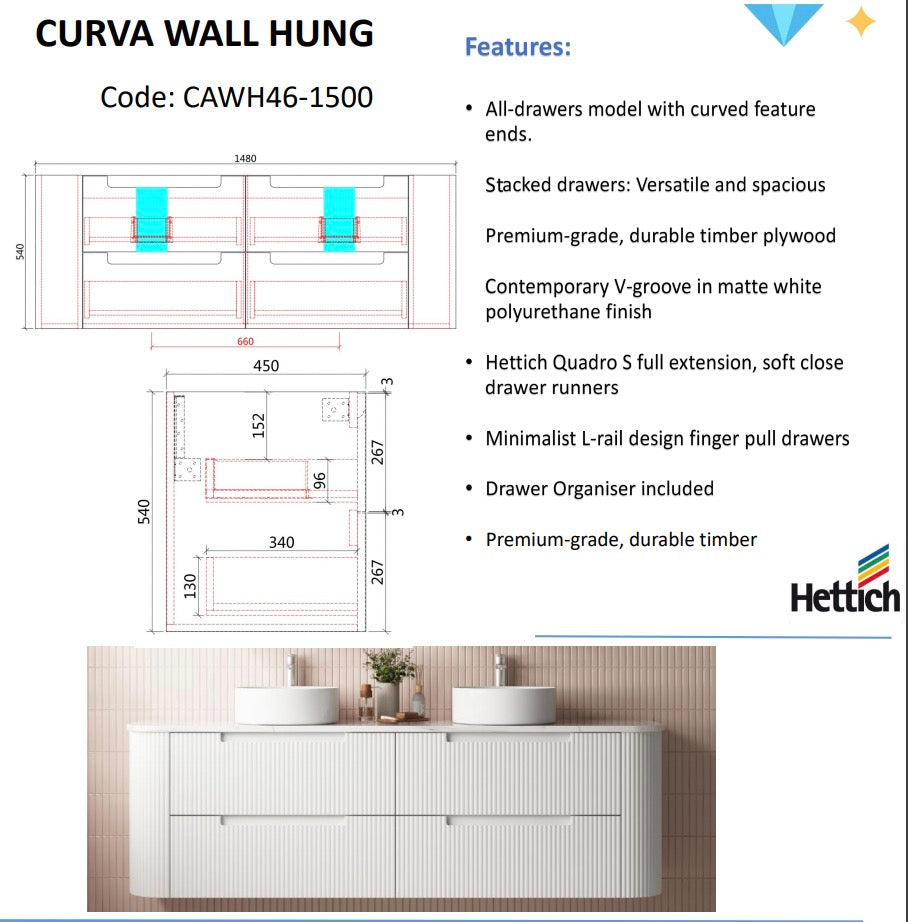 CURVA Wall Hung Fluted Curved Vanity Matte White (All Sizes)