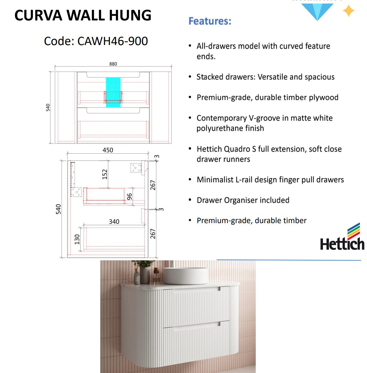CURVA Wall Hung Fluted Curved Vanity Matte White (All Sizes)