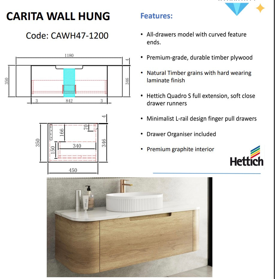 CARITA Wall Hung Curved Vanity Oak (All Sizes)