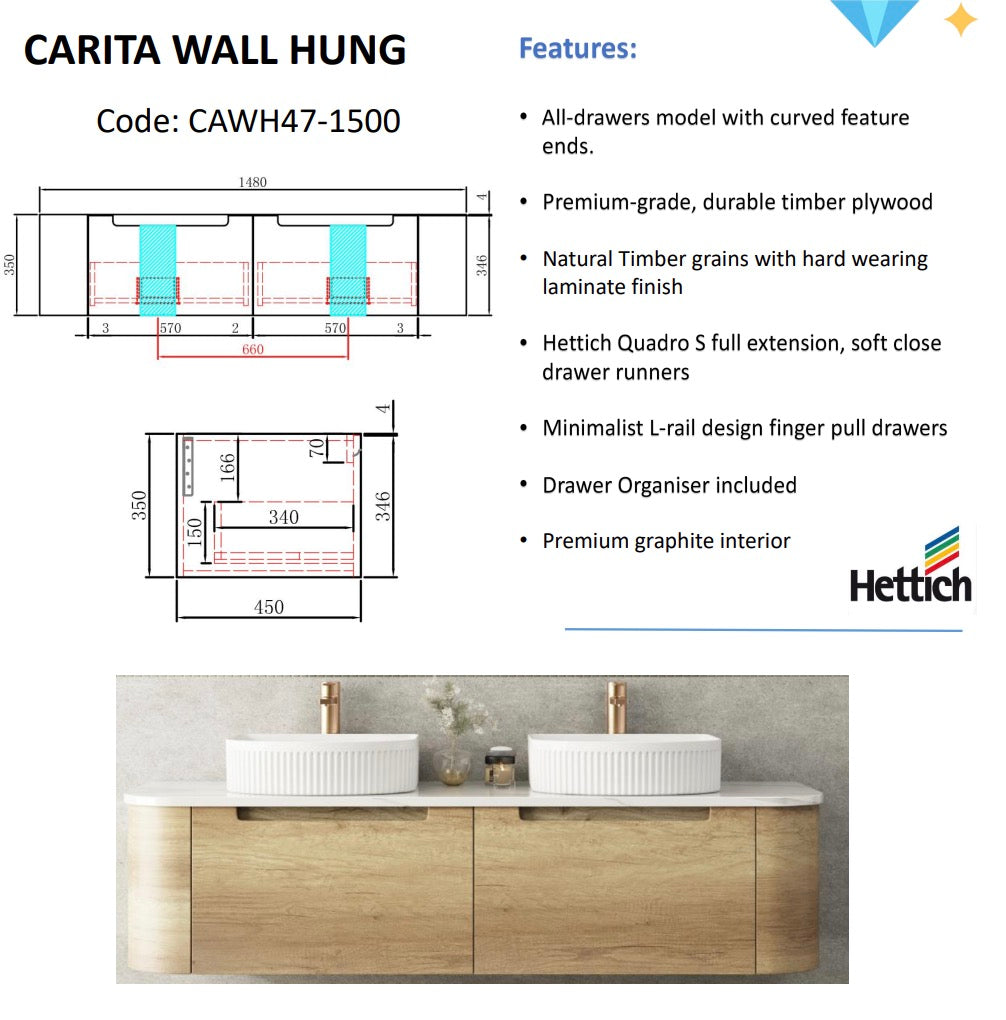 CARITA Wall Hung Curved Vanity Oak (All Sizes)