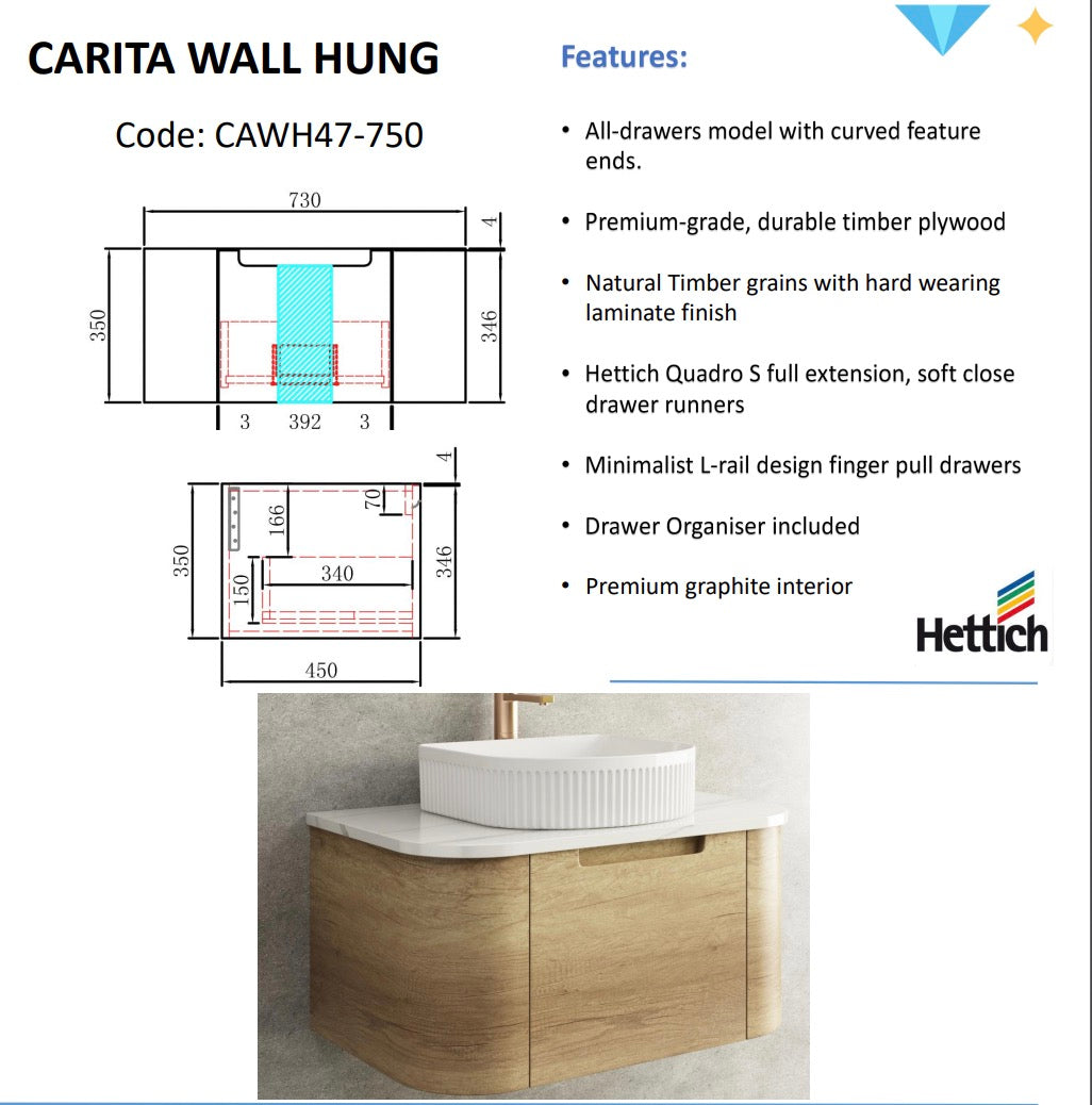 CARITA Wall Hung Curved Vanity Oak (All Sizes)