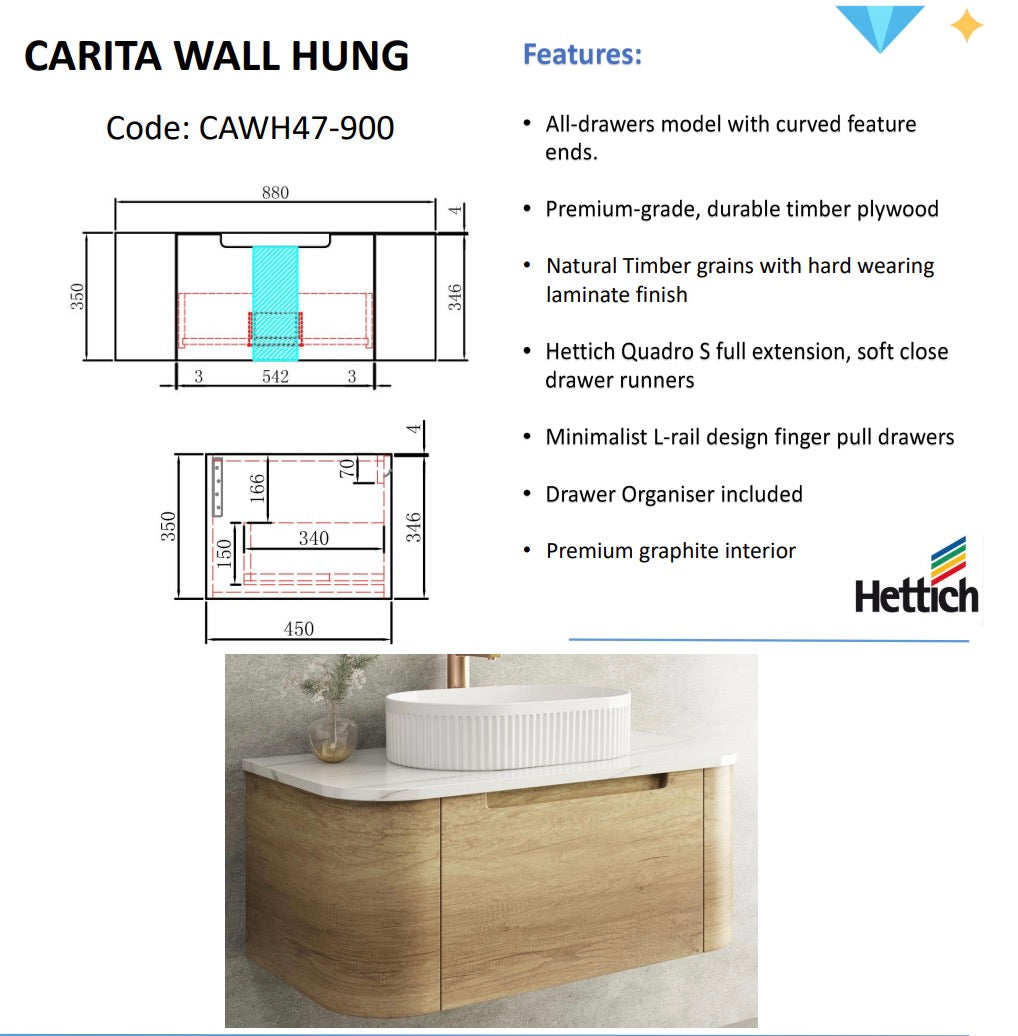 CARITA Wall Hung Curved Vanity Oak (All Sizes)