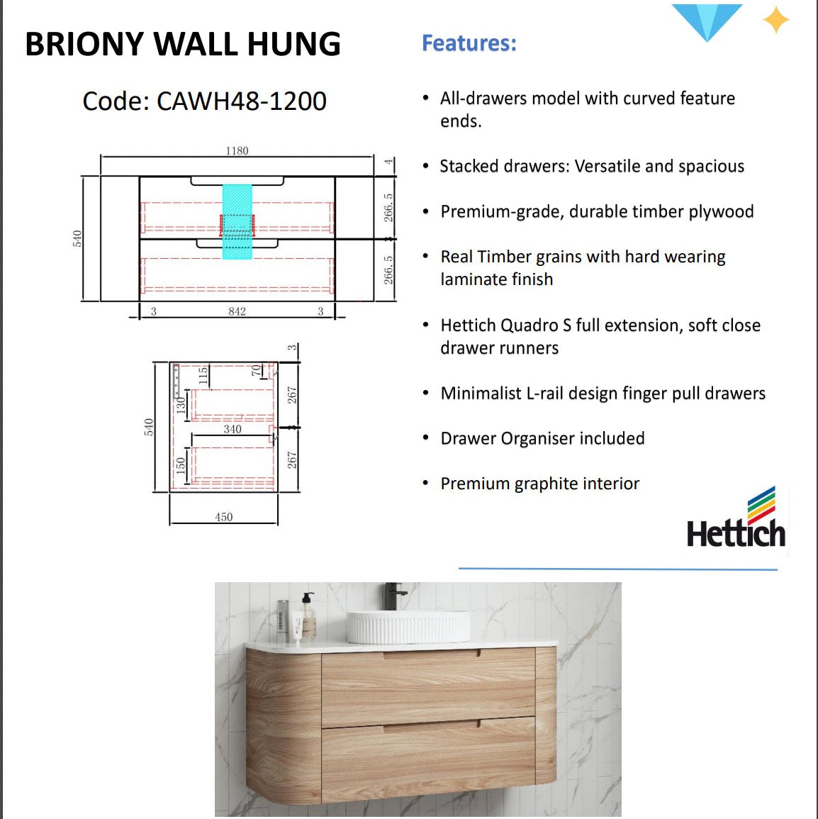 Briony Wall Hung Curve Vanity Mia Oak (All Size)