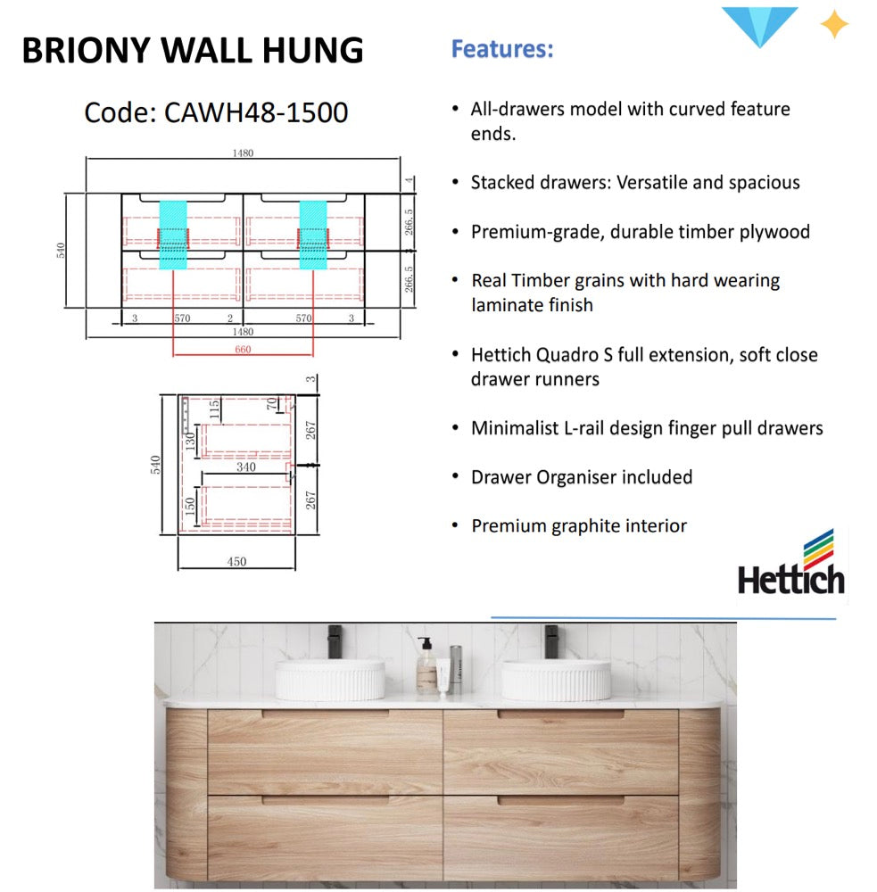 Briony Wall Hung Curve Vanity Mia Oak (All Size)