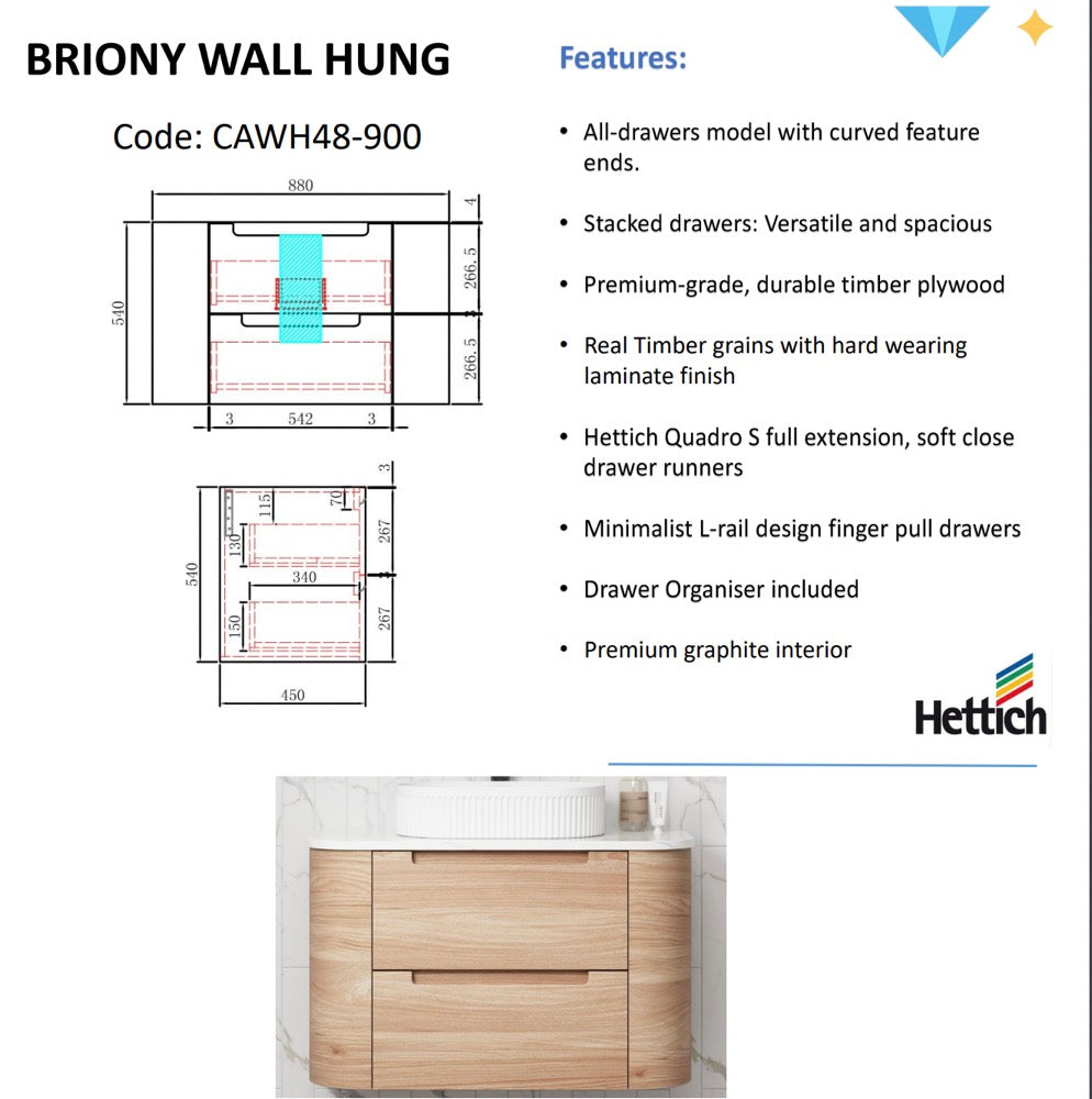 Briony Wall Hung Curve Vanity Mia Oak (All Size)