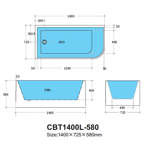 Casey Corner Back to Wall Bathtub Non-Overflow (Left Corner/ Gloss White) (1400/1500/1700mm)