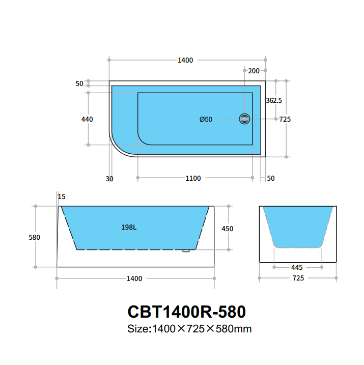 Casey Corner Back to Wall Bathtub Non-Overflow (Right Corner/Gloss White) (1400/1500/1700mm)