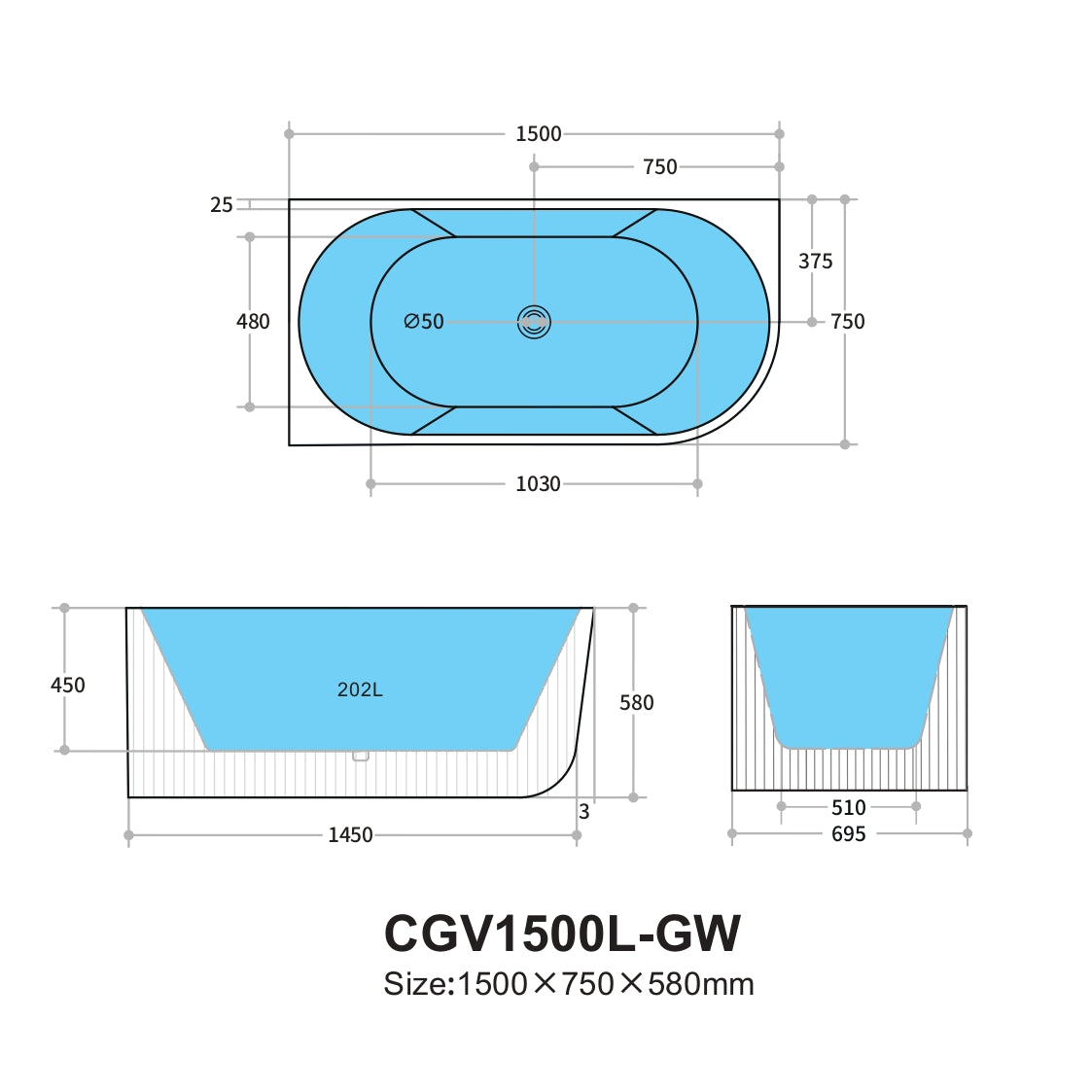 Capri Corner Back to Wall Bathtub with Non-Overflow (Left corner/ Matte Black) (1500/1700mm)