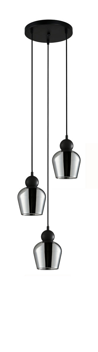CHAMPAN: Interior Bronze Amber / Smokey Black Glass Ellipse Multiple Round Base Pendant Lights